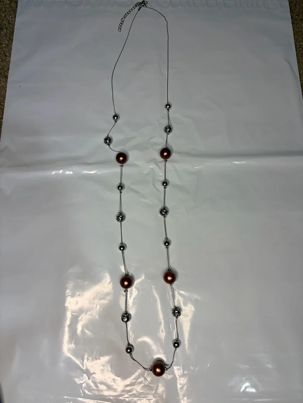 Women's Long Necklace with Copper Beads and Silver Accents